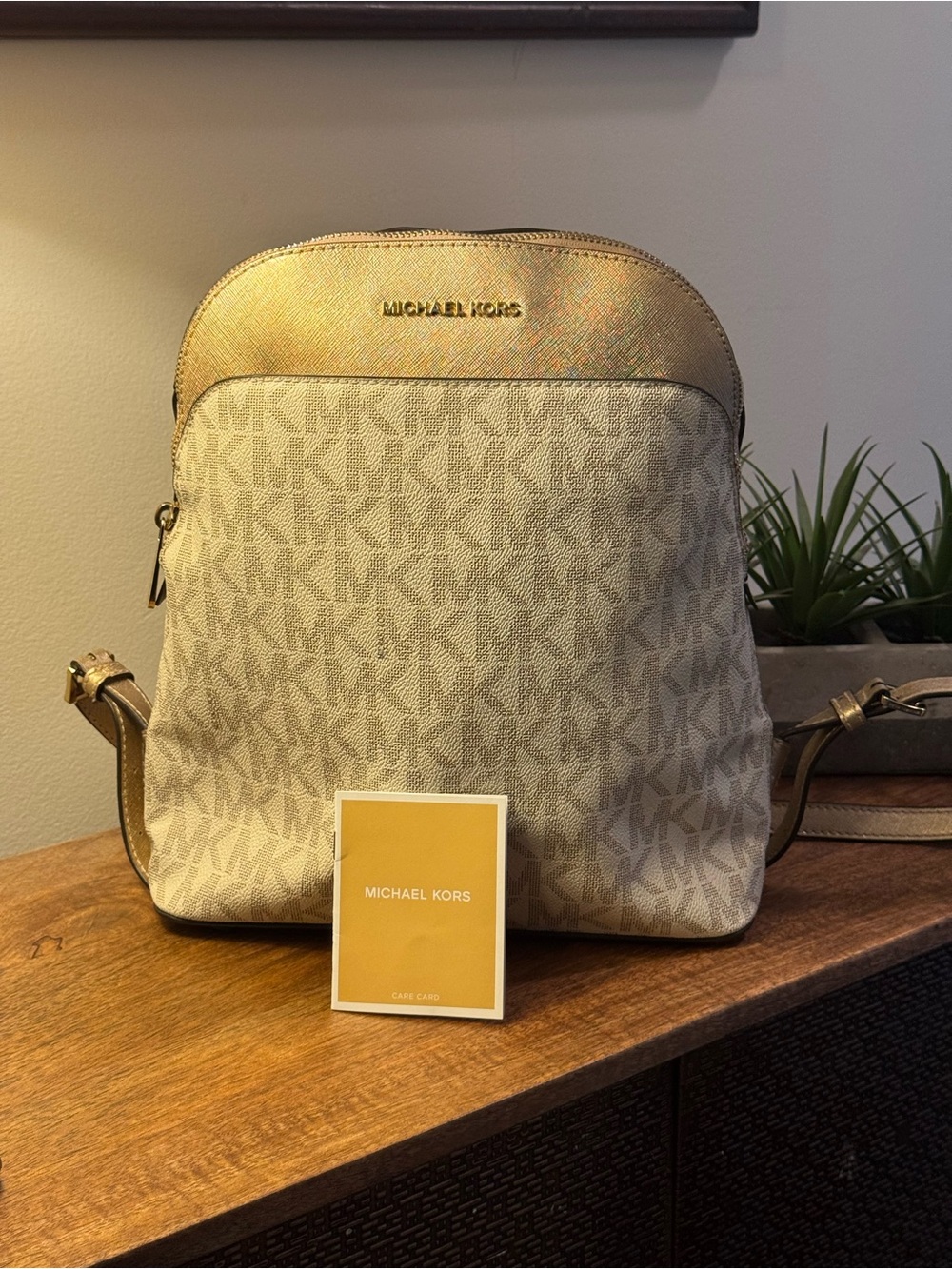 Michael Kors Cream and Gold Logo Monogram Crossbody Bag